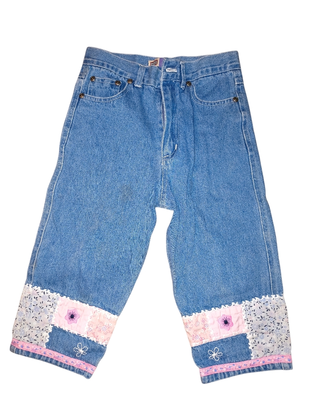 ♦️Embellished Light Wash Denim Cropped Jeans with Pink Patchwork